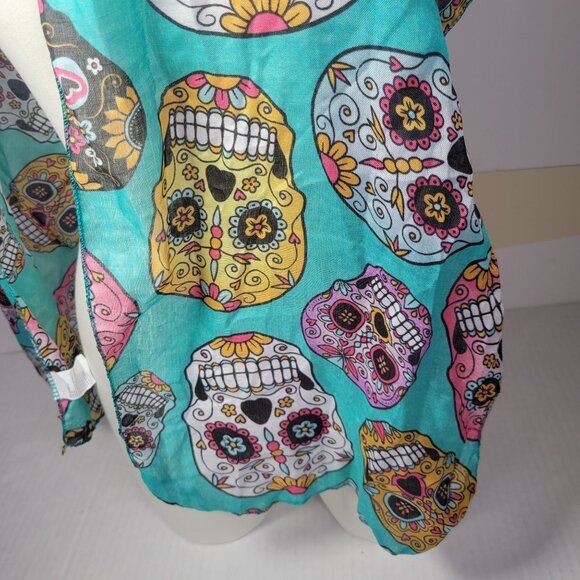 Day Of The Dead Sugar Skull Pattern Turquoise Scarf Wrap - Picture 2 of 3